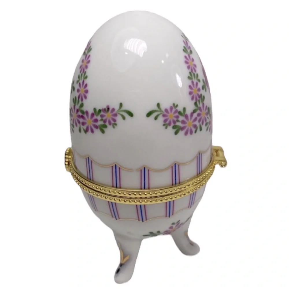 Vintage Faberge Porcelain Egg Trinket Box With Floral Design
